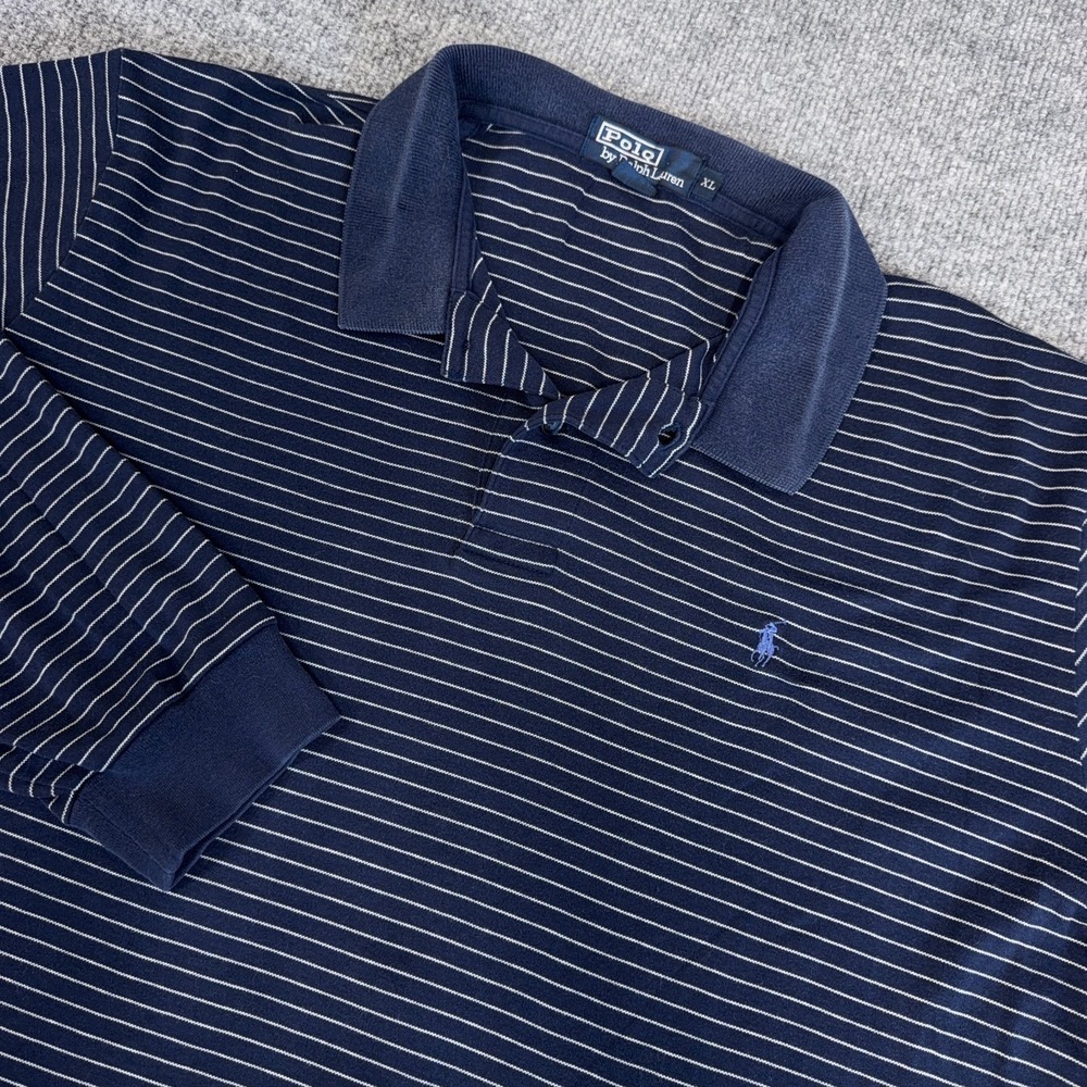 Vintage Polo Ralph Lauren Long Sleeve Shirt Men XL Navy Blue Stripe Soft Knit